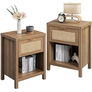 SICOTAS Rattan Nightstand Set of 2 - Farmhouse Night Stand with Drawer and Storage Shelf - Boho Bedside Table End Table Side Table Accent Table for Bedroom Living Room