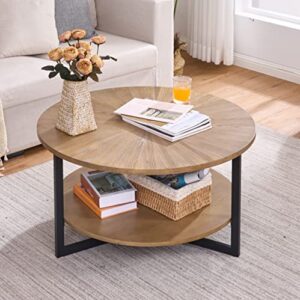 33.5" round coffee table with 2-tier storage, farmhouse living room cocktail table with black metal leg, solid wood industrial sofa center table,easy assembly, rustic natural kfz1338