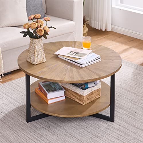 33.5" Round Coffee Table with 2-Tier Storage, Farmhouse Living Room Cocktail Table with Black Metal Leg, Solid Wood Industrial Sofa Center Table,Easy Assembly, Rustic Natural KFZ1338