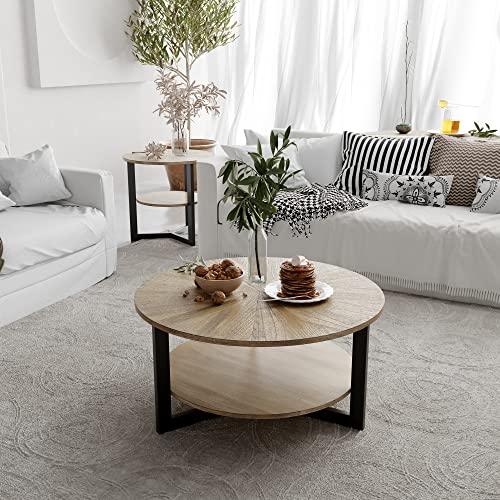 33.5" Round Coffee Table with 2-Tier Storage, Farmhouse Living Room Cocktail Table with Black Metal Leg, Solid Wood Industrial Sofa Center Table,Easy Assembly, Rustic Natural KFZ1338