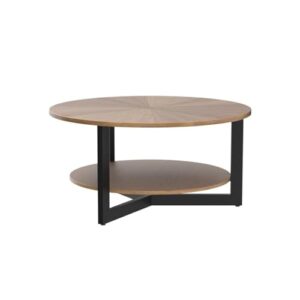 33.5" Round Coffee Table with 2-Tier Storage, Farmhouse Living Room Cocktail Table with Black Metal Leg, Solid Wood Industrial Sofa Center Table,Easy Assembly, Rustic Natural KFZ1338