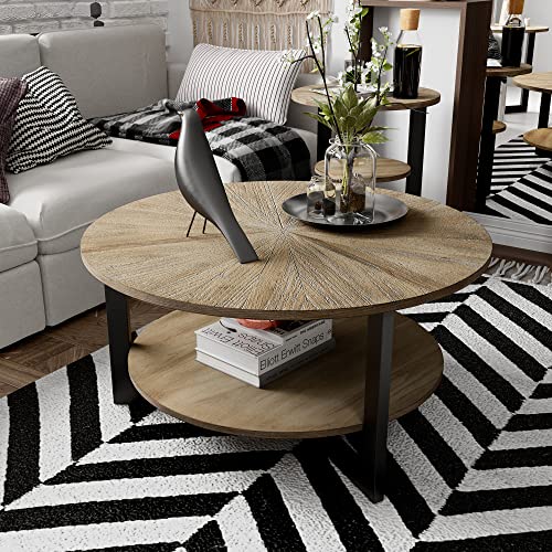 33.5" Round Coffee Table with 2-Tier Storage, Farmhouse Living Room Cocktail Table with Black Metal Leg, Solid Wood Industrial Sofa Center Table,Easy Assembly, Rustic Natural KFZ1338