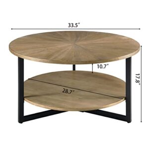 33.5" Round Coffee Table with 2-Tier Storage, Farmhouse Living Room Cocktail Table with Black Metal Leg, Solid Wood Industrial Sofa Center Table,Easy Assembly, Rustic Natural KFZ1338