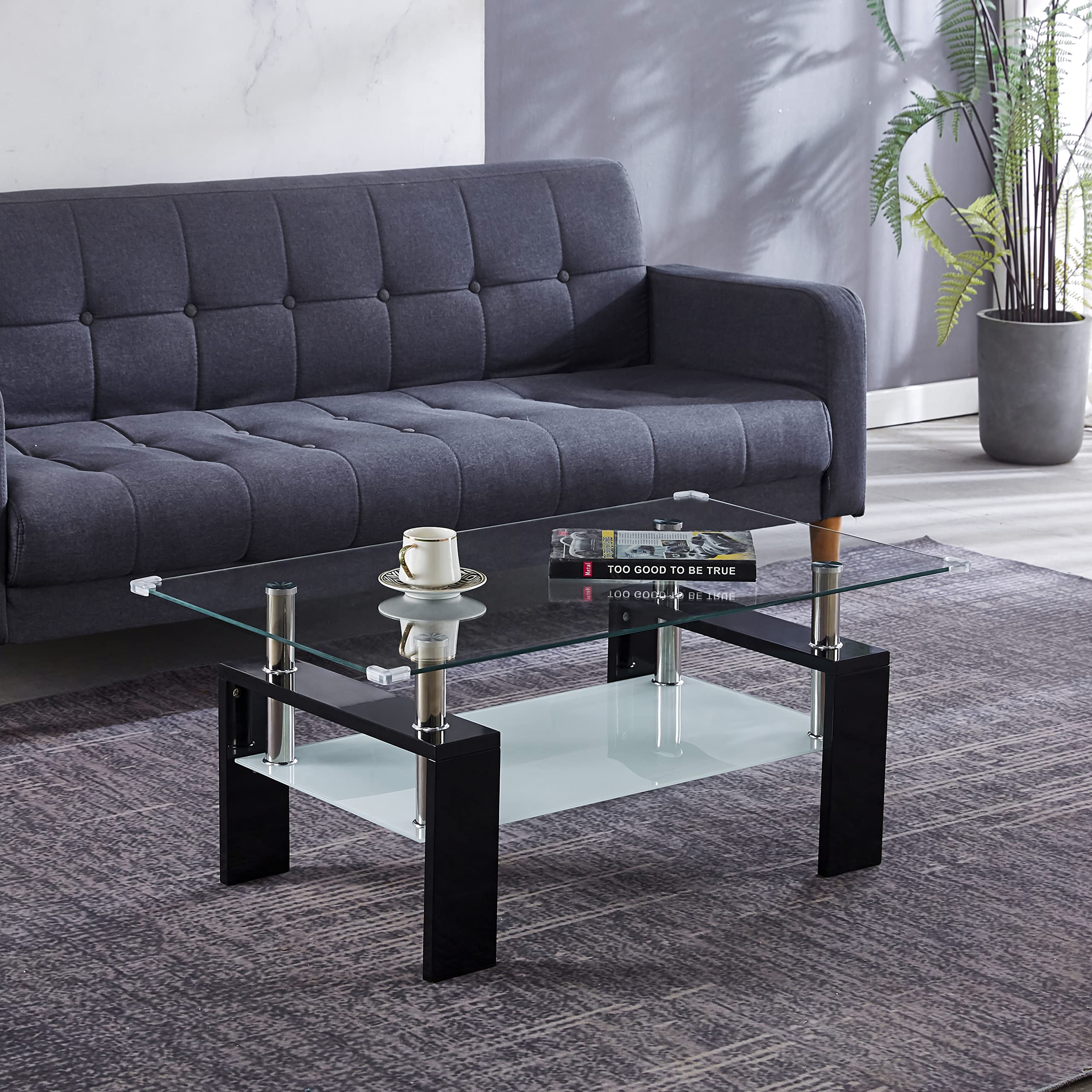 Glass Coffee Table End Table Sets of 3 for Living Room, Mordern Sofa Side Tables with Storage, Corner Table with Black Metal Leg, Rectangle Tempered Center Table Home Furniture Set