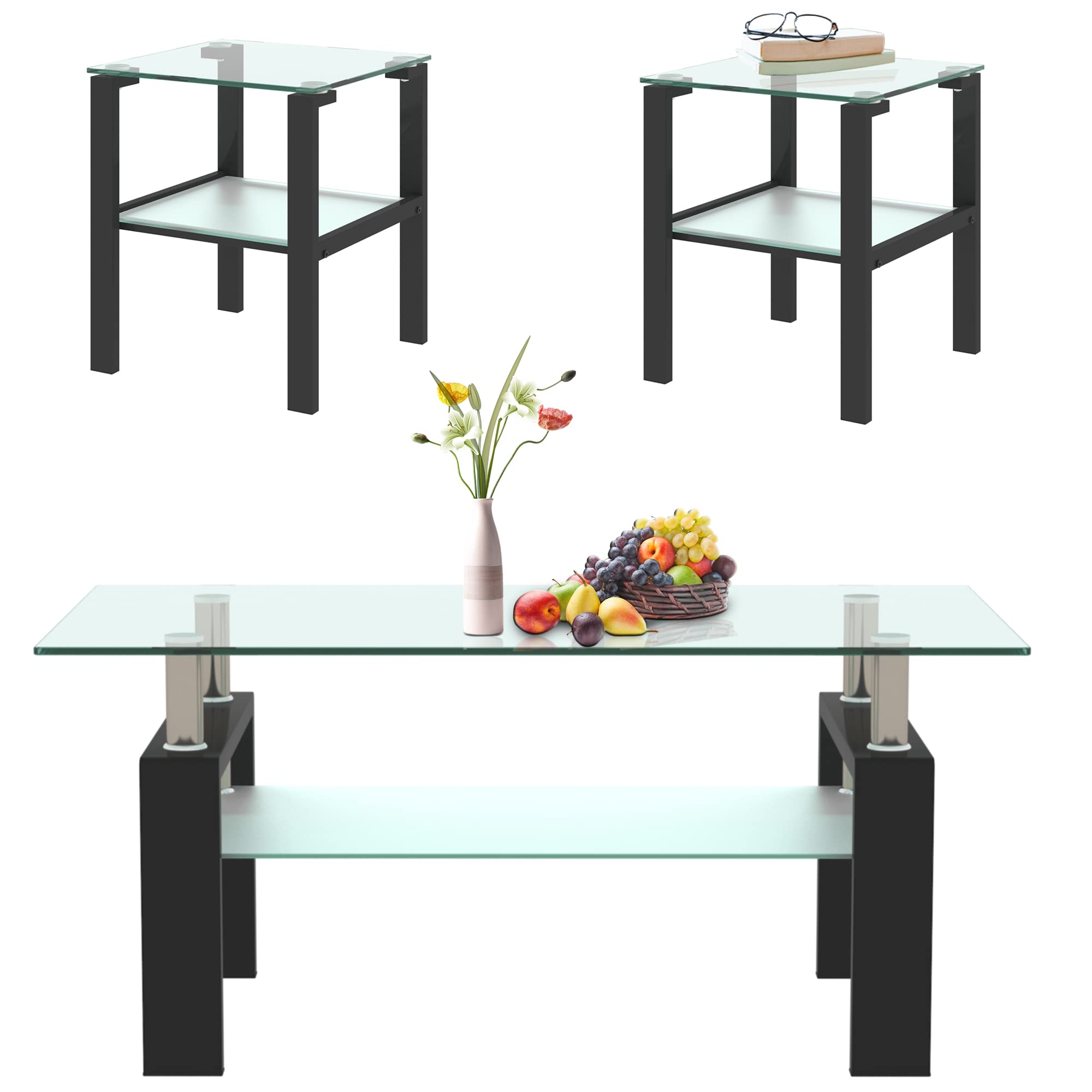 Glass Coffee Table End Table Sets of 3 for Living Room, Mordern Sofa Side Tables with Storage, Corner Table with Black Metal Leg, Rectangle Tempered Center Table Home Furniture Set