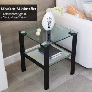 Glass Coffee Table End Table Sets of 3 for Living Room, Mordern Sofa Side Tables with Storage, Corner Table with Black Metal Leg, Rectangle Tempered Center Table Home Furniture Set