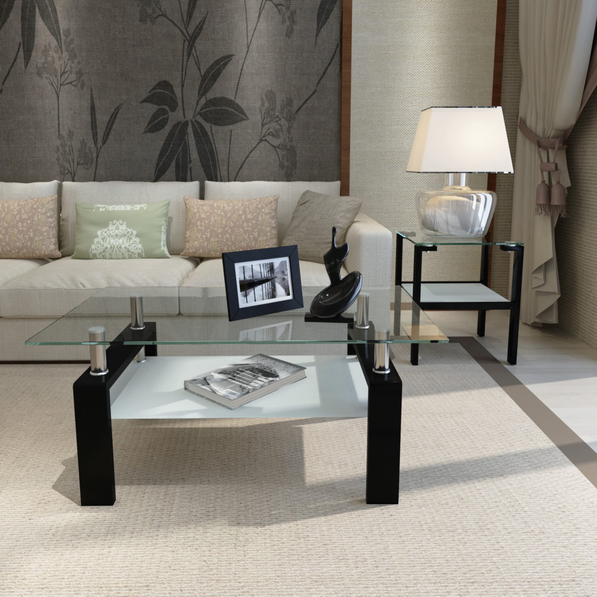 Glass Coffee Table End Table Sets of 3 for Living Room, Mordern Sofa Side Tables with Storage, Corner Table with Black Metal Leg, Rectangle Tempered Center Table Home Furniture Set