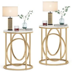 tribesigns modern round end table set of two, 20” side table cocktail table with gold o-shaped base, midcentury accent table nightstand for living room bedroom, 2 pieces, faux marble white