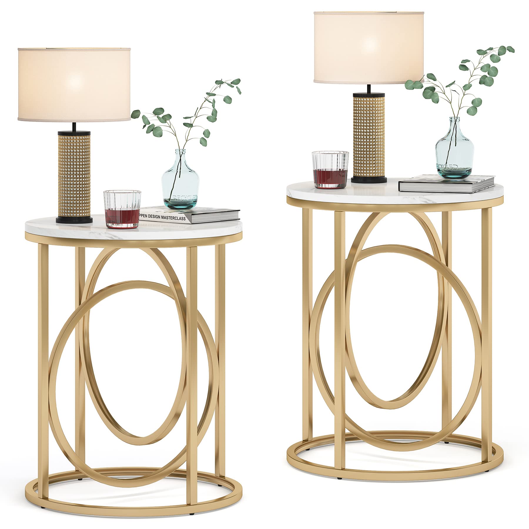 Tribesigns Modern Round End Table Set of Two, 20” Side Table Cocktail Table with Gold O-Shaped Base, Midcentury Accent Table Nightstand for Living Room Bedroom, 2 Pieces, Faux Marble White