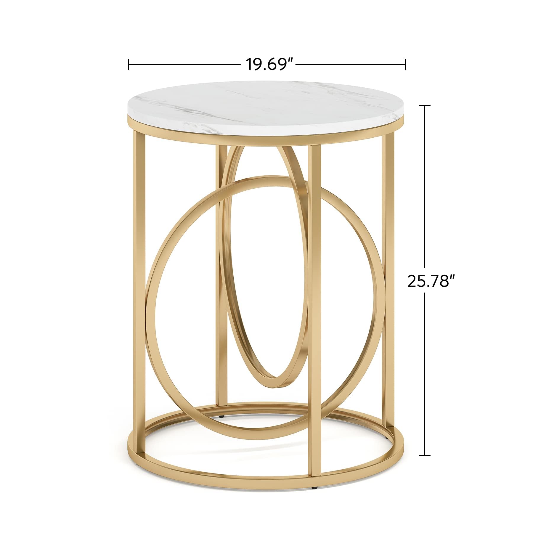 Tribesigns Modern Round End Table Set of Two, 20” Side Table Cocktail Table with Gold O-Shaped Base, Midcentury Accent Table Nightstand for Living Room Bedroom, 2 Pieces, Faux Marble White