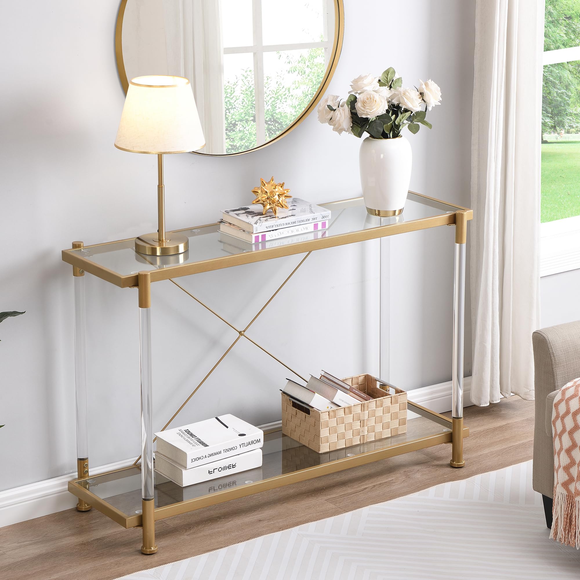 Sybrioka Glass Console Tables for Entryway Living Room, Acrylic Gold Sofa Side Table Metal Leg, Long Narrow Entryway Table with Storage for Small Space Hallway(Golden, Entryway Table)