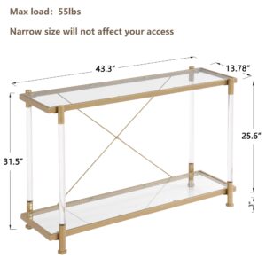 Sybrioka Glass Console Tables for Entryway Living Room, Acrylic Gold Sofa Side Table Metal Leg, Long Narrow Entryway Table with Storage for Small Space Hallway(Golden, Entryway Table)