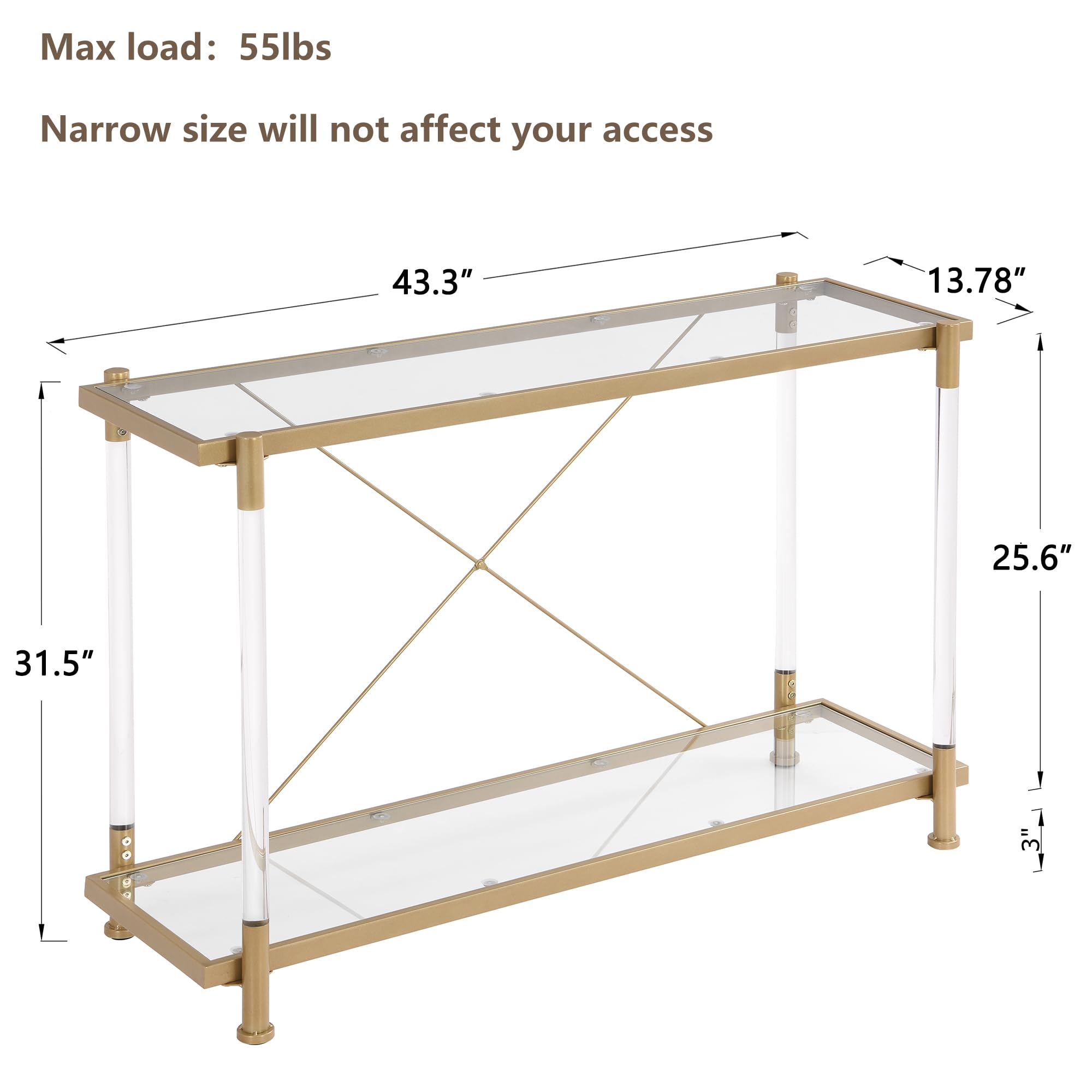 Sybrioka Glass Console Tables for Entryway Living Room, Acrylic Gold Sofa Side Table Metal Leg, Long Narrow Entryway Table with Storage for Small Space Hallway(Golden, Entryway Table)