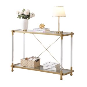 Sybrioka Glass Console Tables for Entryway Living Room, Acrylic Gold Sofa Side Table Metal Leg, Long Narrow Entryway Table with Storage for Small Space Hallway(Golden, Entryway Table)