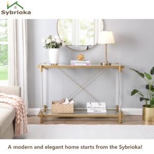 Sybrioka Glass Console Tables for Entryway Living Room, Acrylic Gold Sofa Side Table Metal Leg, Long Narrow Entryway Table with Storage for Small Space Hallway(Golden, Entryway Table)