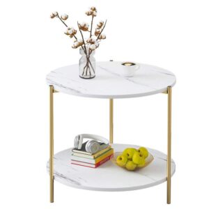 iotxy home round coffee table - 23.6" small 2-tier end table with open storage shelf, white wooden table top gold metal frame side table