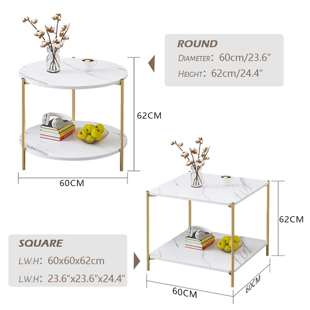 IOTXY Home Round Coffee Table - 23.6" Small 2-Tier End Table with Open Storage Shelf, White Wooden Table Top Gold Metal Frame Side Table