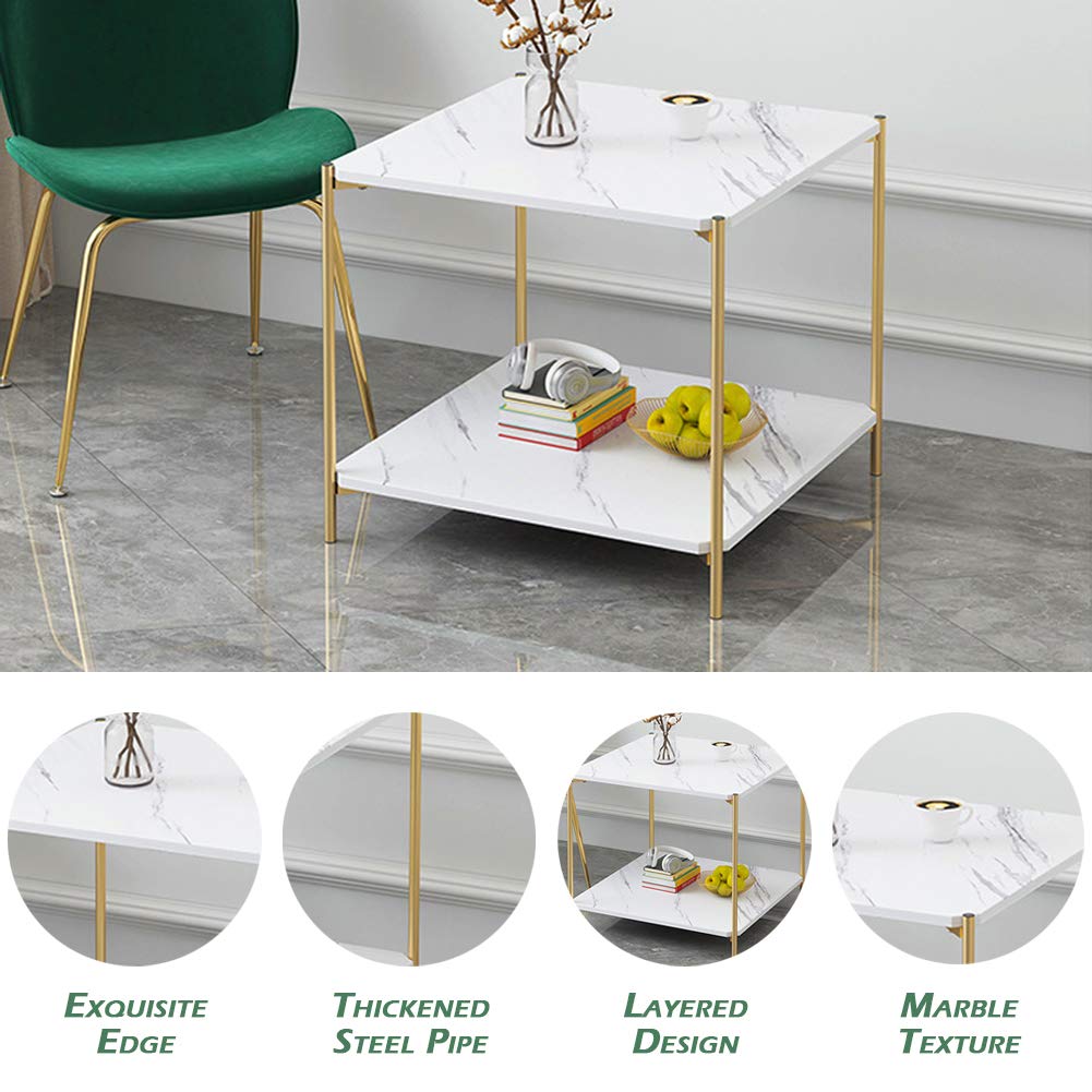 IOTXY Home Round Coffee Table - 23.6" Small 2-Tier End Table with Open Storage Shelf, White Wooden Table Top Gold Metal Frame Side Table