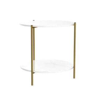 IOTXY Home Round Coffee Table - 23.6" Small 2-Tier End Table with Open Storage Shelf, White Wooden Table Top Gold Metal Frame Side Table