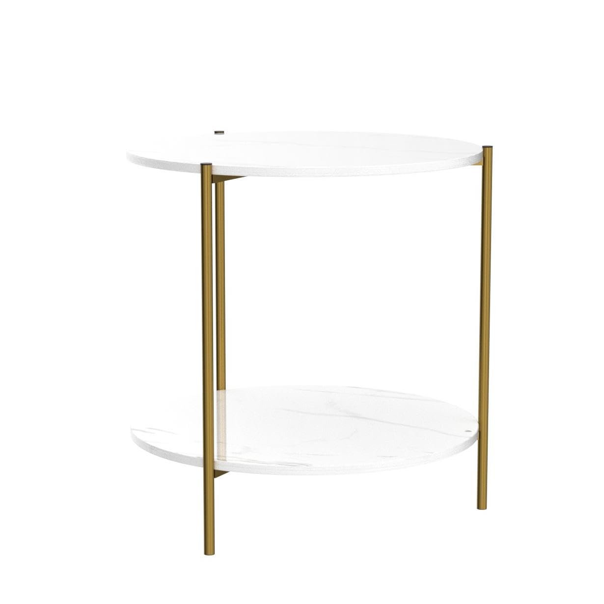 IOTXY Home Round Coffee Table - 23.6" Small 2-Tier End Table with Open Storage Shelf, White Wooden Table Top Gold Metal Frame Side Table