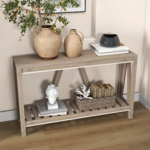 HOMCOM Console Table, Farmhouse Entryway Table with Storage Slatted Shelf, Rustic Sofa Table with Anti-Tipper for Living Room, Hallway, Gray