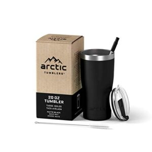 arctic tumblers | 20 oz matte black insulated tumbler with straw & cleaner - retains temperature up to 24hrs - non-spill splash proof lid, double wall vacuum technology, bpa free & built to last
