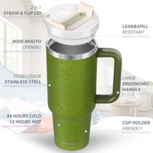 40 oz Tumbler with Handle, H2.0 Rainbow Paint Insluated Mug with Lid and Straw, Double Wall Vacuum Stainless Steel Travel Iced Coffee Cup, Keeps Drinks Cold for 34 Hours, Forest Green