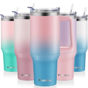 40 oz tumbler with handle and straw lid, 100% leak proof cup tumblers, stainless steel insulated travel coffee mug, keeps drinks cold for 24 hours or hot for 10 hours, cupholder friendly, pinkblue