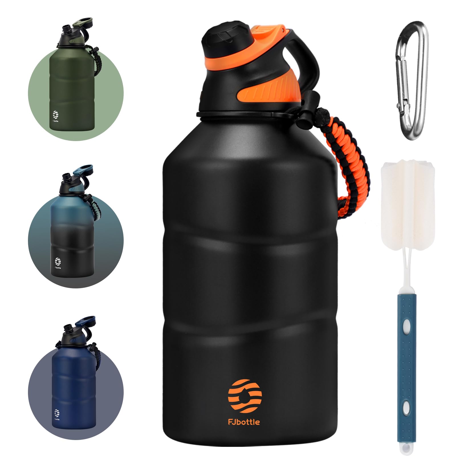 Fjbottle Insulated Half Gallon Water Bottle 64oz with Magnetic Lid,Stainless Steel Double-Wall Vacuum Leak Proof Sports Insulated Jug with Paracord Handle, Keep Water Hot & Cold for Outdoor,Gym