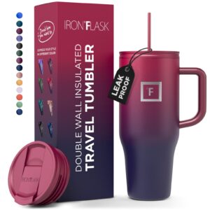 iron flask co-pilot insulated mug w/straw & flip cap lids - cup holder bottle for hot, cold drink - leak-proof - water, coffee portable travel mug - dark rainbow, 40 oz