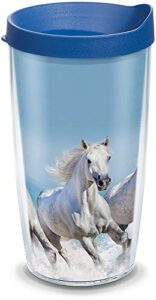 tervis white horses insulated tumbler with wrap and lid, 16 oz tritan, clear