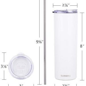 SUNWILL Straw Tumbler Skinny Travel Tumbler with Lid, Vacuum Insulated Double Wall Stainless Steel 20oz for Coffee, Tea, Beverages, White