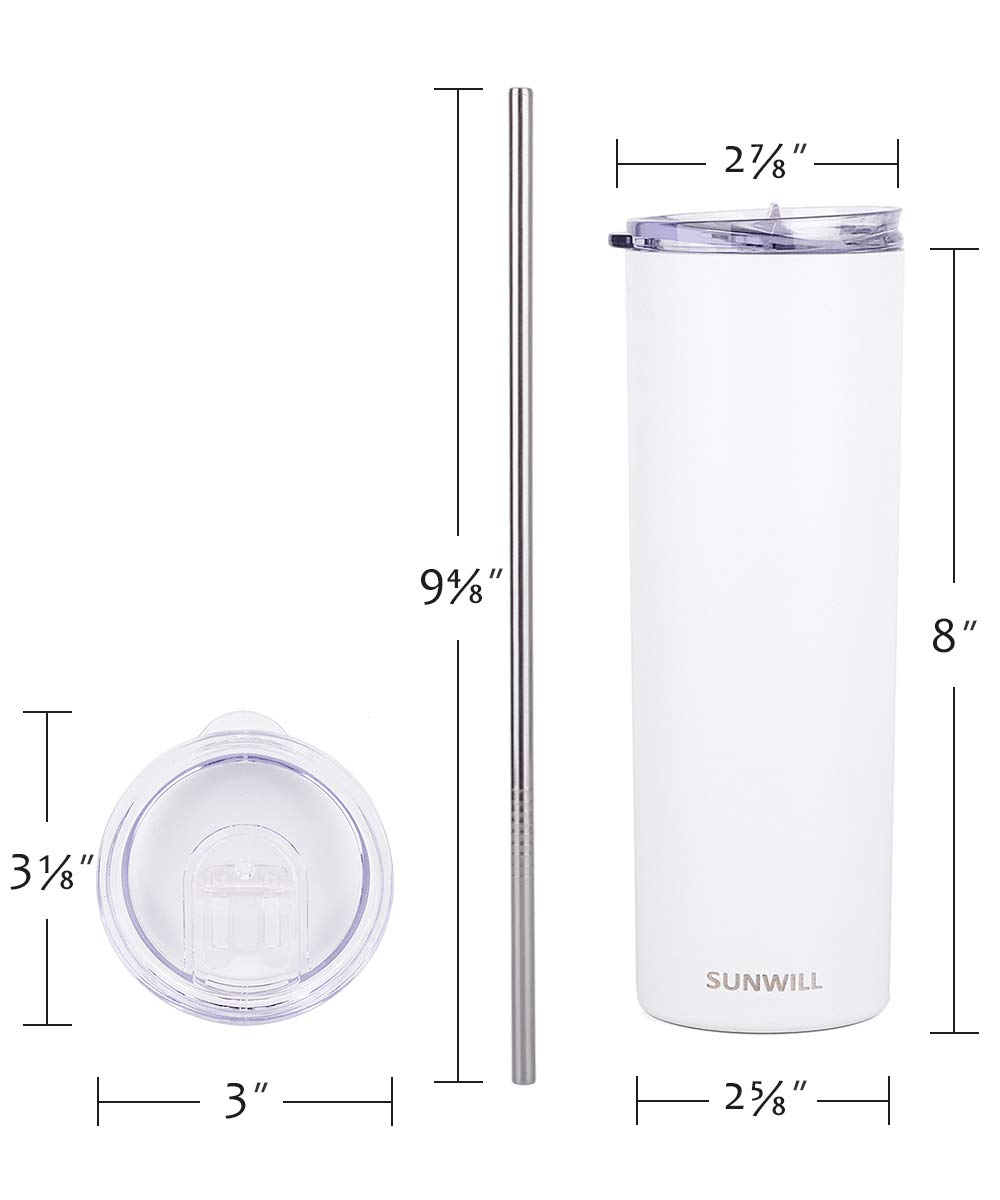 SUNWILL Straw Tumbler Skinny Travel Tumbler with Lid, Vacuum Insulated Double Wall Stainless Steel 20oz for Coffee, Tea, Beverages, White