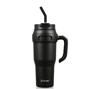 zibtes 40oz insulated tumbler with lid and straws, stainless steel double vacuum coffee tumbler with handle, keeps drinks cold up to 34 hours or hot for 12 hours(black 1 pack)