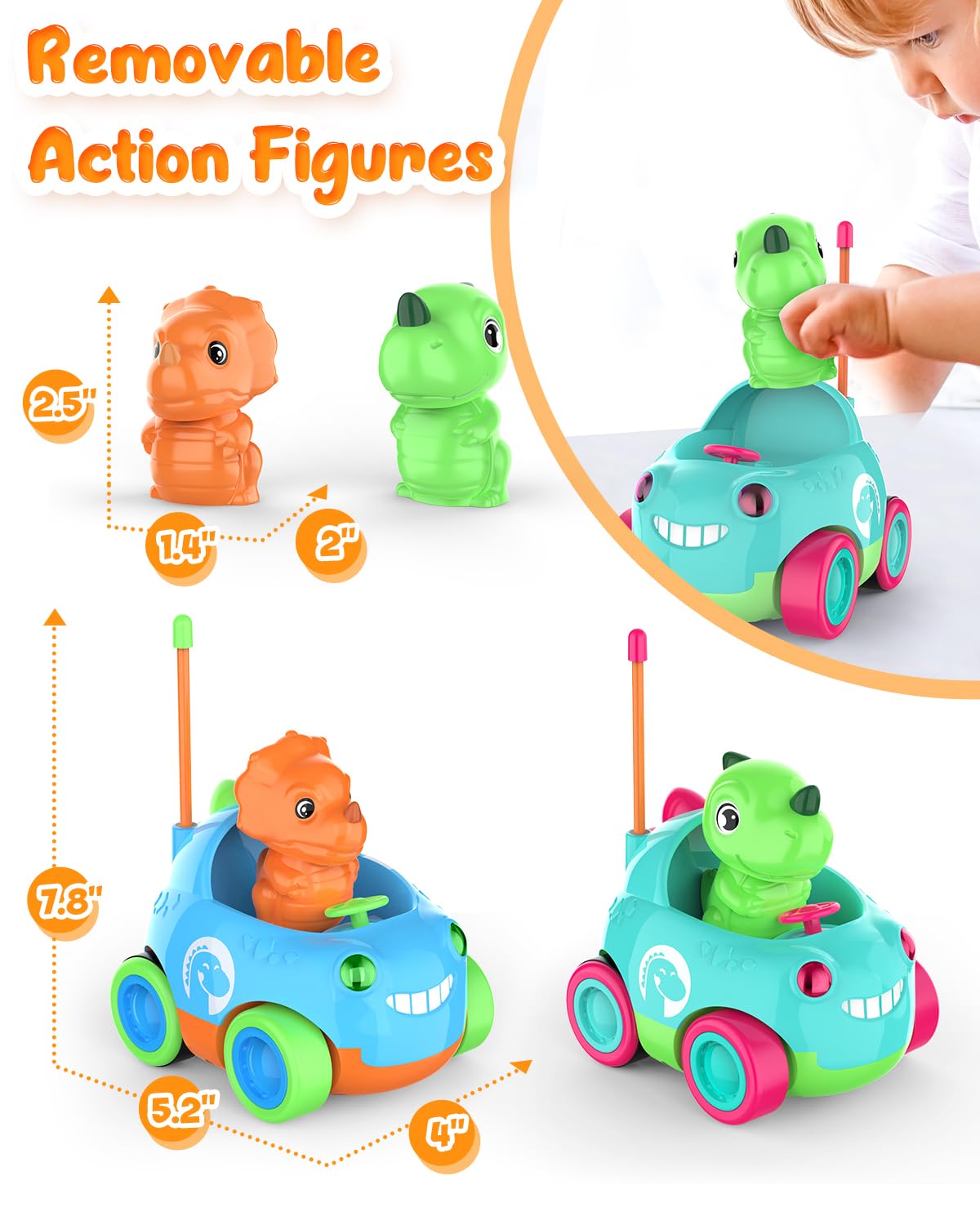 Qumcou Toddler Remote Control Car, Two Cartoon RC Cars for Toddlers, Dinosaur Toys for Kids 3-5, Birthday Gift for Boys & Girls, Car Toys with LED Lights & Music