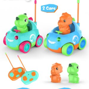 Qumcou Toddler Remote Control Car, Two Cartoon RC Cars for Toddlers, Dinosaur Toys for Kids 3-5, Birthday Gift for Boys & Girls, Car Toys with LED Lights & Music