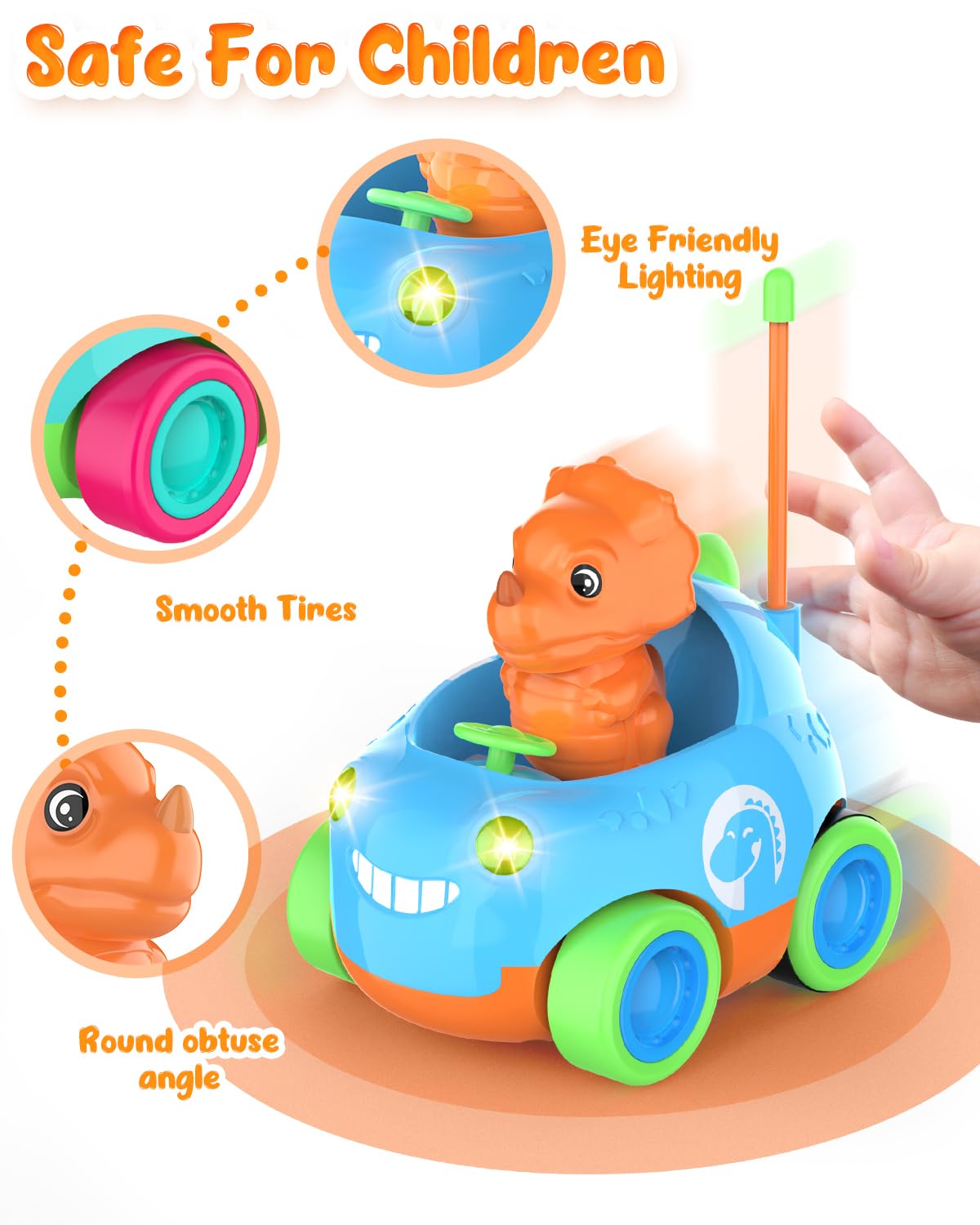 Qumcou Toddler Remote Control Car, Two Cartoon RC Cars for Toddlers, Dinosaur Toys for Kids 3-5, Birthday Gift for Boys & Girls, Car Toys with LED Lights & Music