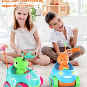 Qumcou Toddler Remote Control Car, Two Cartoon RC Cars for Toddlers, Dinosaur Toys for Kids 3-5, Birthday Gift for Boys & Girls, Car Toys with LED Lights & Music