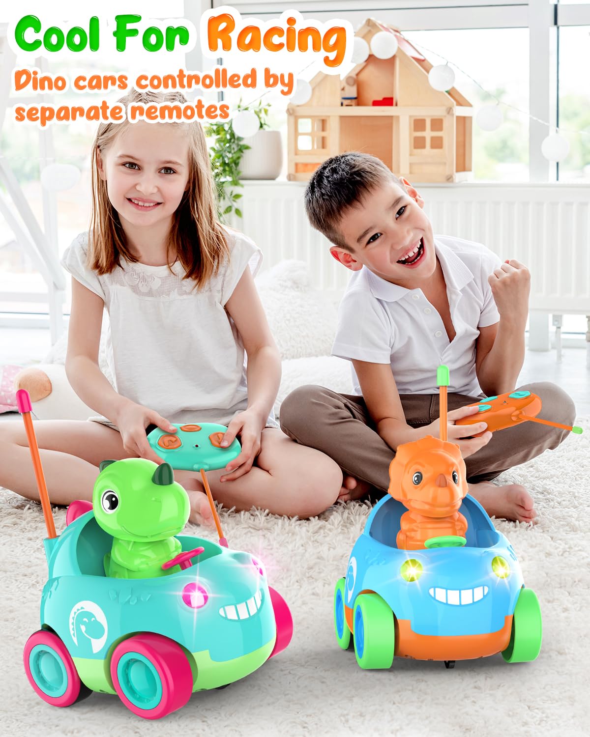 Qumcou Toddler Remote Control Car, Two Cartoon RC Cars for Toddlers, Dinosaur Toys for Kids 3-5, Birthday Gift for Boys & Girls, Car Toys with LED Lights & Music