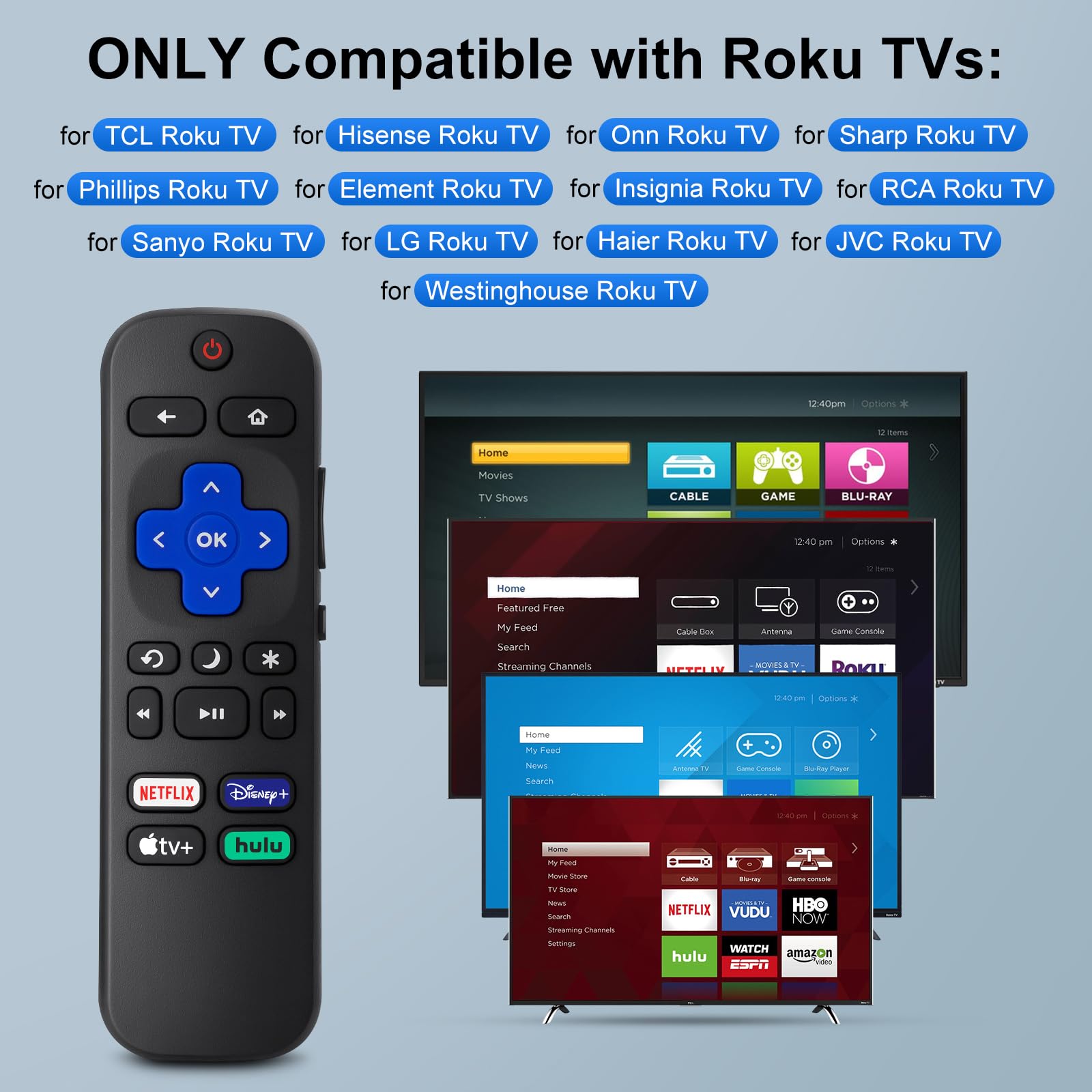 【Pack of 2】 Replacement for Roku-TV-Remote, Compatible for TCL Roku/Hisense Roku/Onn Roku/Sharp Roku Series Smart TVs (Not for Roku Stick and Box)