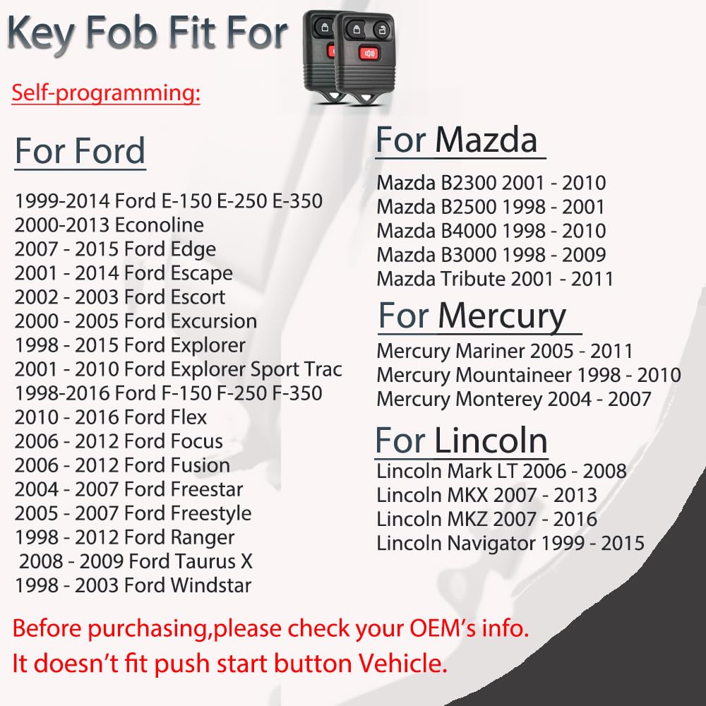 Key Fob Keyless Entry Fits for Ford F150 F250 F350 Explorer Expedition 1998-2016 / Ranger Escape Edge E150 Freestar / Lincoln Navigator Mercury Mazda 3 Button Remote Control Replacement CWTWB1U345