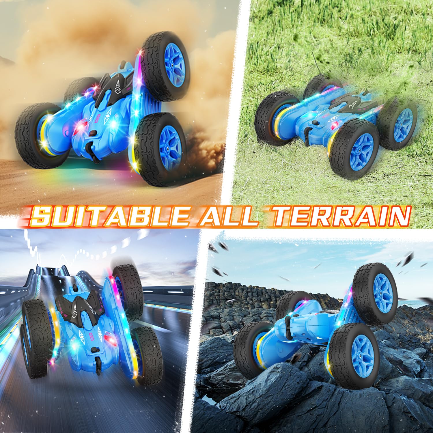 Terucle Remote Control Car, Rc Cars Stunt RC Car Toys New Upgraded Strip Lights and Headlights Car Toys Double-Sided 360° Rotating 4WD Rc Drift Truck for Boys Girls Birthday Gift (Blue)