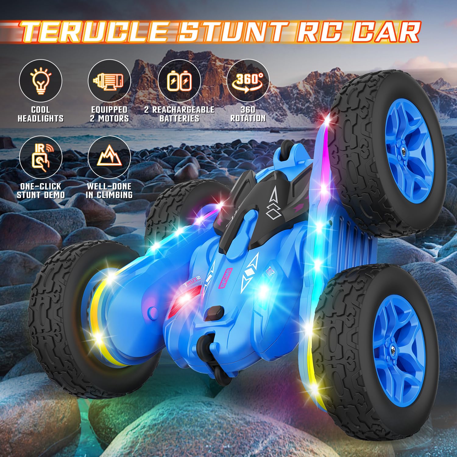 Terucle Remote Control Car, Rc Cars Stunt RC Car Toys New Upgraded Strip Lights and Headlights Car Toys Double-Sided 360° Rotating 4WD Rc Drift Truck for Boys Girls Birthday Gift (Blue)