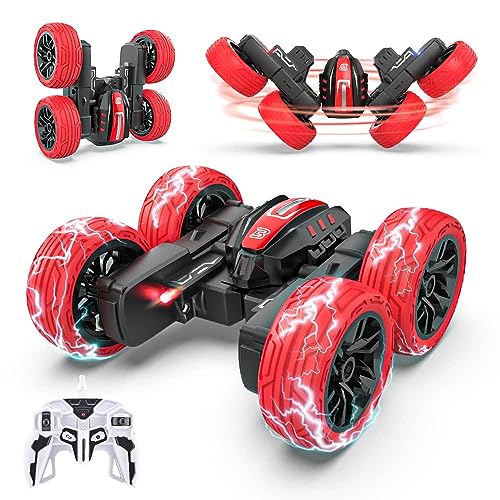 BEZGAR Remote Control Car - Double Sided Mini RC Stunt Car, 360° Flips Rotating RC Cars with LED Lights, 2.4Ghz Indoor/Outdoor All Terrain Rechargeable Electric Toy Cars Gifts