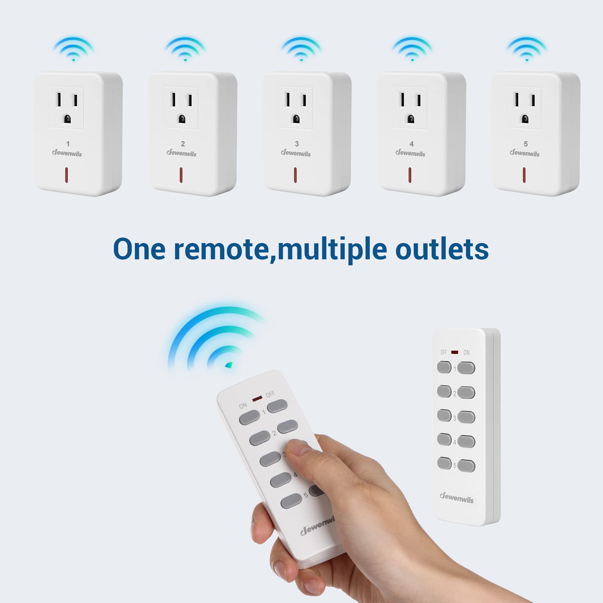 DEWENWILS Remote Control Outlet Plug Wireless On Off Power Switch, Programmable Remote Light Switch Kit, 100ft RF Range, Compact Design, ETL Listed, White (2 Remotes + 5 Outlets Set)