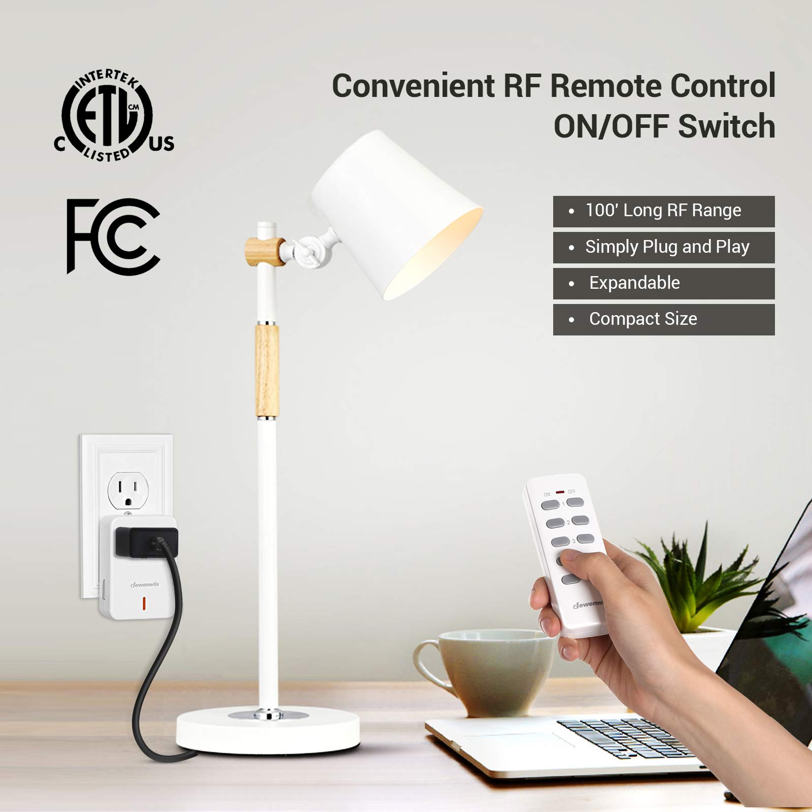 DEWENWILS Remote Control Outlet Plug Wireless On Off Power Switch, Programmable Remote Light Switch Kit, 100ft RF Range, Compact Design, ETL Listed, White (2 Remotes + 5 Outlets Set)