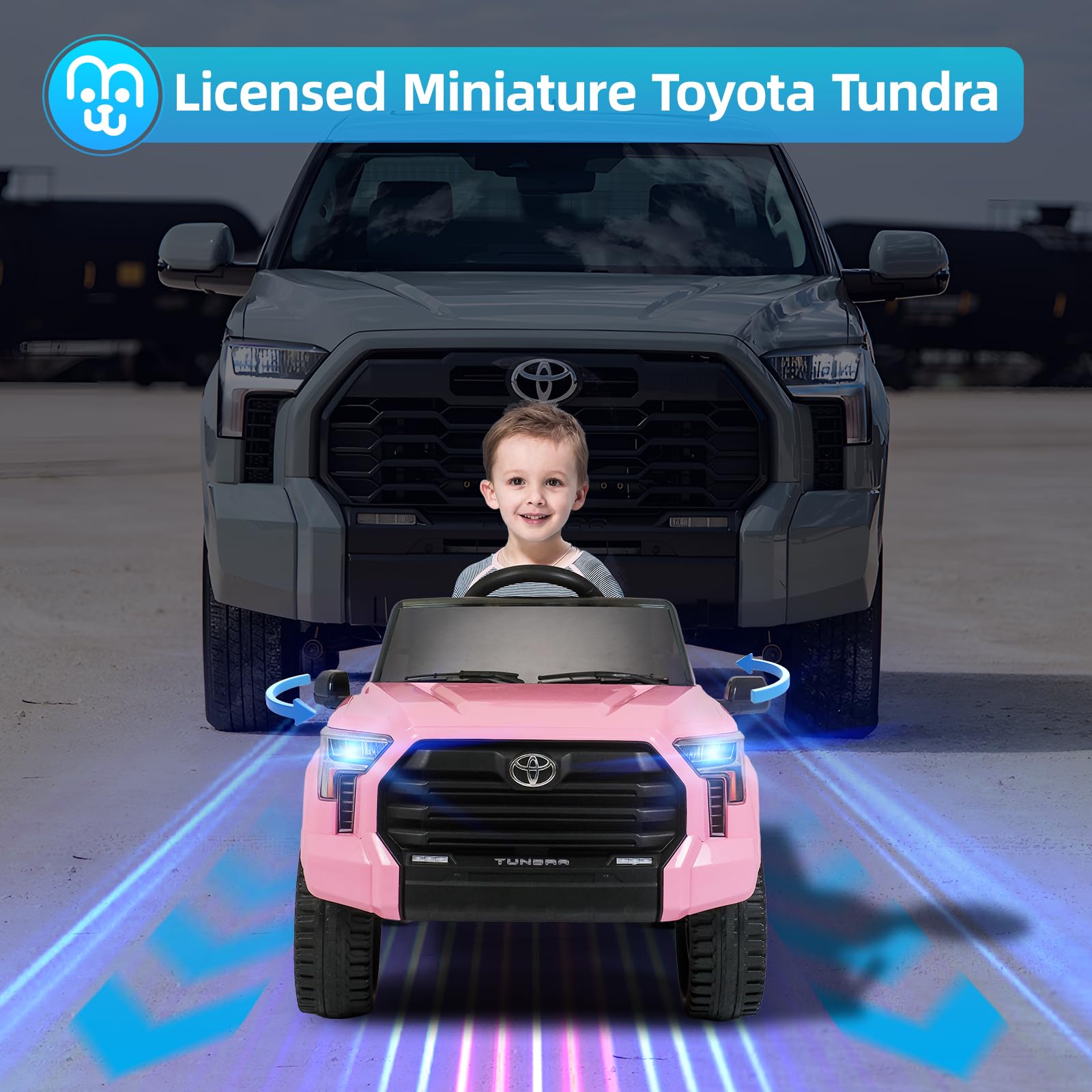 MINIATURE MOTORS Licensed Toyota Tundra Kids Electric Ride on Car 12V 7Ah Battery Electric Truck Trunk Remote Control Bluetooth Music MP3 Player 4 Wheel Full Suspension Gift for Boys Girls-Pink