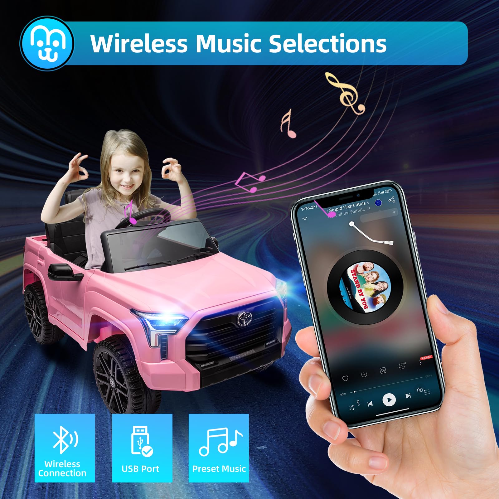 MINIATURE MOTORS Licensed Toyota Tundra Kids Electric Ride on Car 12V 7Ah Battery Electric Truck Trunk Remote Control Bluetooth Music MP3 Player 4 Wheel Full Suspension Gift for Boys Girls-Pink