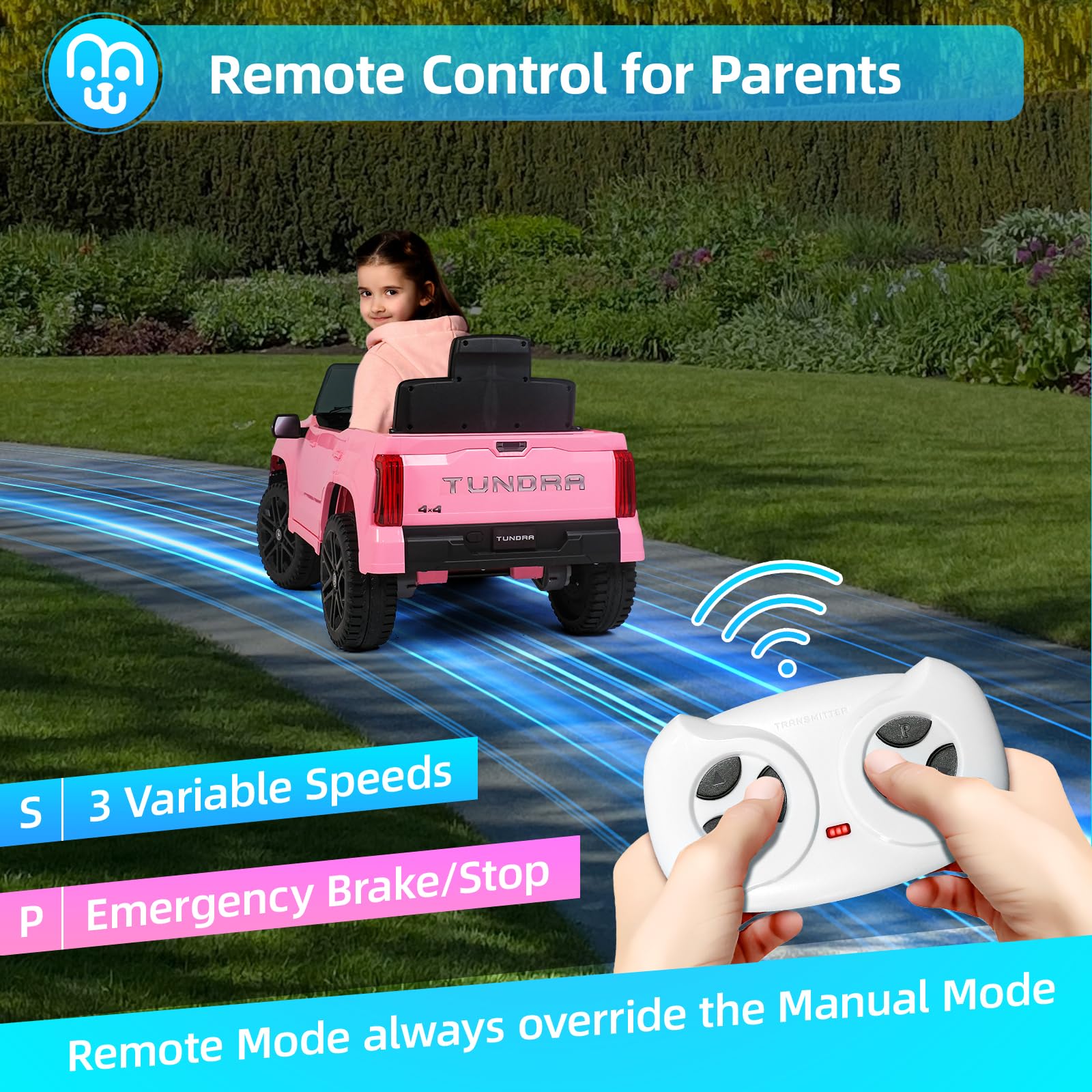 MINIATURE MOTORS Licensed Toyota Tundra Kids Electric Ride on Car 12V 7Ah Battery Electric Truck Trunk Remote Control Bluetooth Music MP3 Player 4 Wheel Full Suspension Gift for Boys Girls-Pink