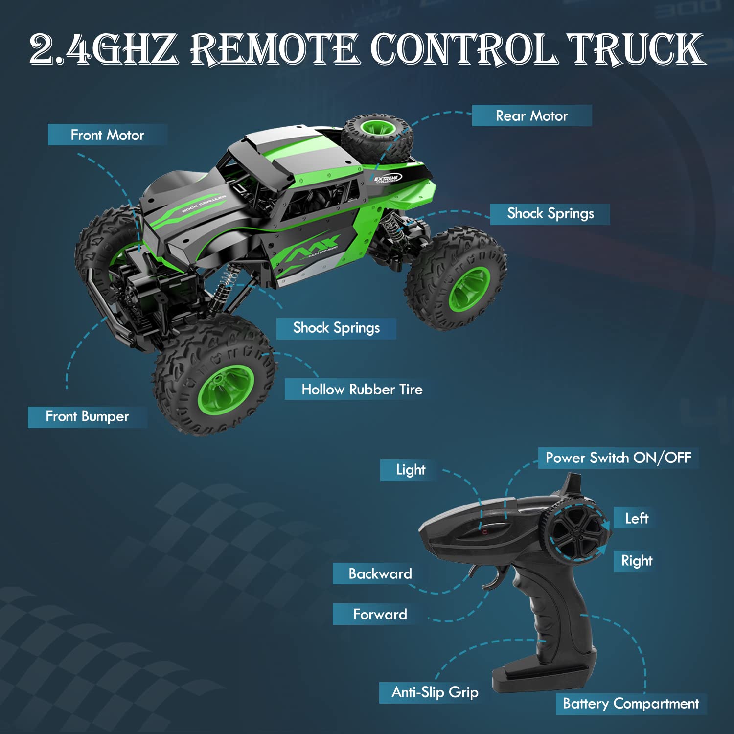 Ealingmoon Remote Control Car | 1:16 Scale 4WD All Terrain Rc Truck | 2.4GHz Off Road Rc Monster Truck with Colorful LED Light and 2 Rechargeable Batteries | Boys & Adults Gift